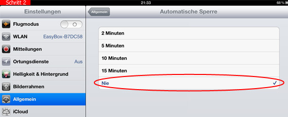 Automatische Sperre auf dem iPad ausschalten