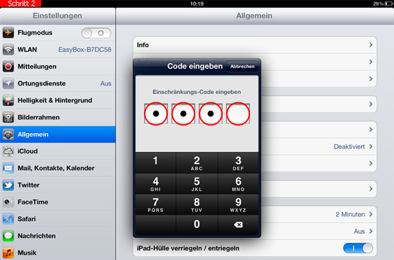 Einschränkungs-Code auf dem iPad eingeben