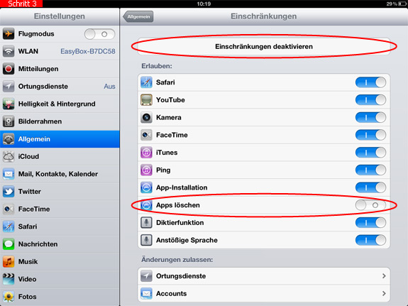 Einschränkung Apps löschen aufheben