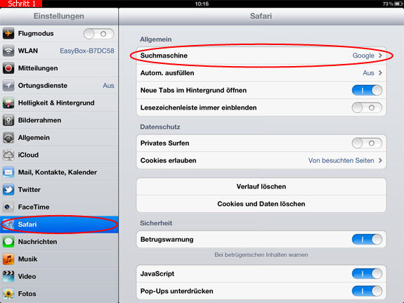Safari-Einstellungen (Suchmaschine) auf dem iPad