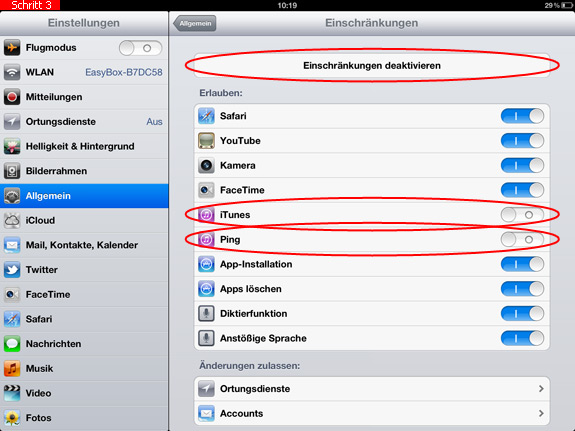 Einschränkung von iTunes auf dem iPad aufheben