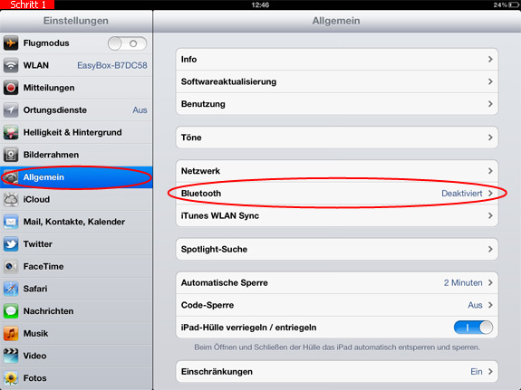 Menüpunkt Bluetooth auf dem iPad