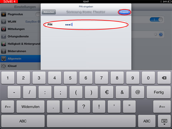 Bluetooth-PIN eingeben und Gerät mit dem iPad koppeln