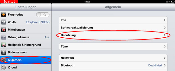 Menüeintrag Benutzung auf dem iPad