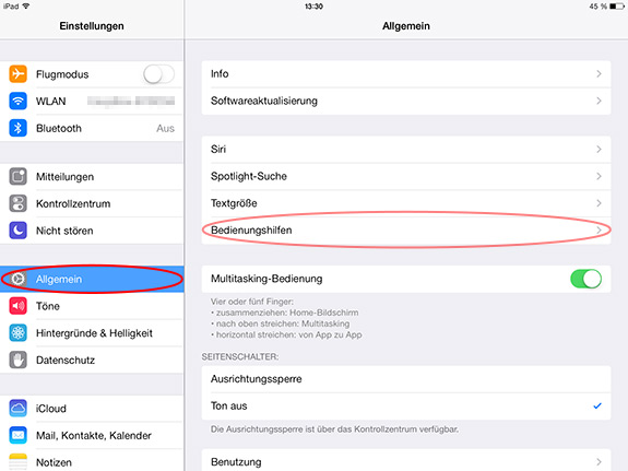 iPad-Einstellungen Bedienungshilfen auswählen