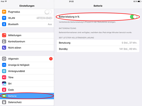 Einstellung Batterieladung auf dem iPad