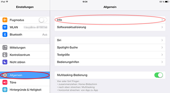 iPad-Einstellungen Infobereich