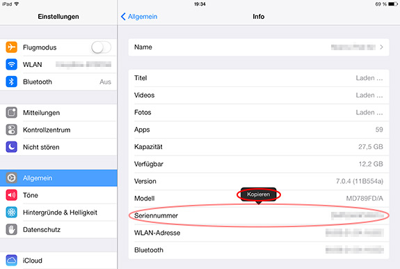Seriennummer auf dem iPad anzeigen und kopieren