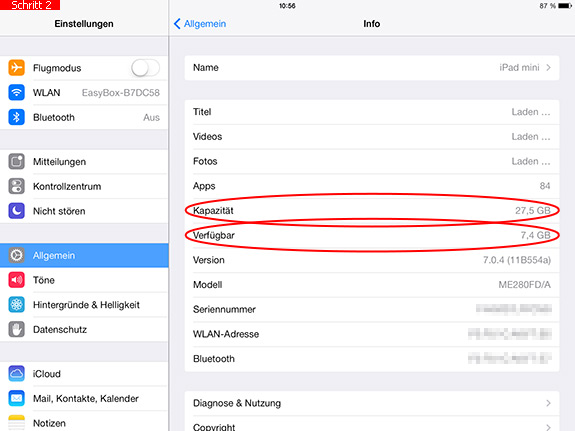 Kapazität und verfügbaren Speicher auf dem iPad anzeigen