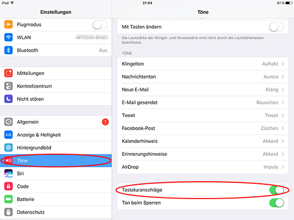 Töne und Tastaturanschläge beim iPad in den Einstellungen