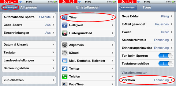 Vibration im Untermenü Töne auf dem iPhone