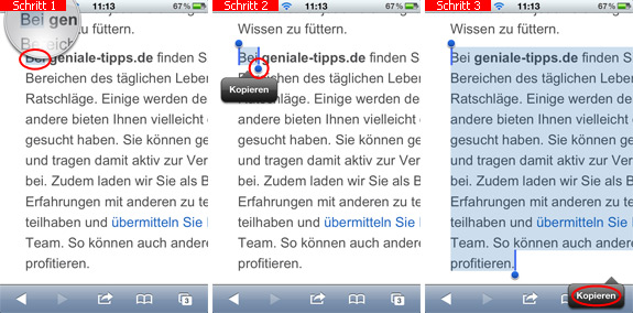 Absatz im Safari auf dem iPhone markieren und kopieren