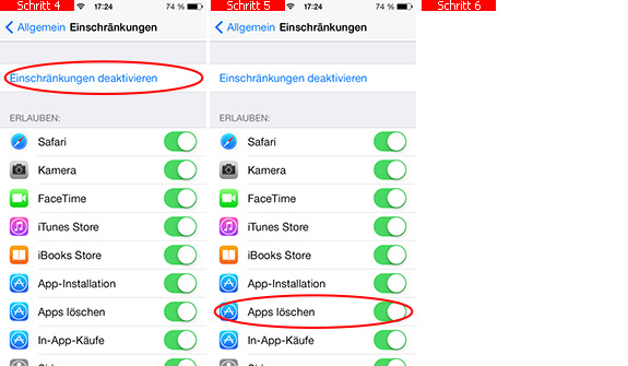 Einschränkung Apps löschen deaktivieren