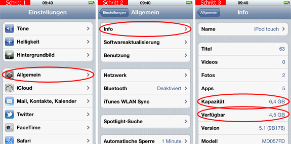 Speicherplatz auf dem iPod touch anzeigen