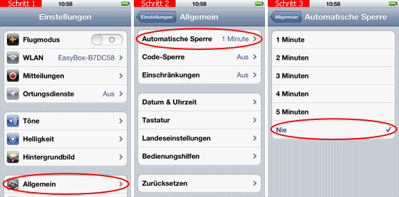 Automatische Sperre auf dem iPod touch ausschalten