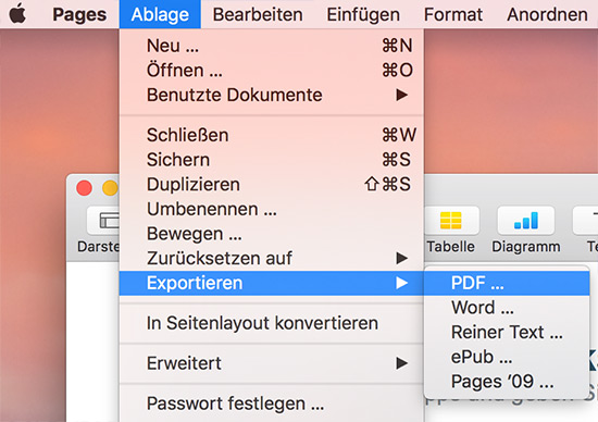 Pages-Datei als PDF exportieren